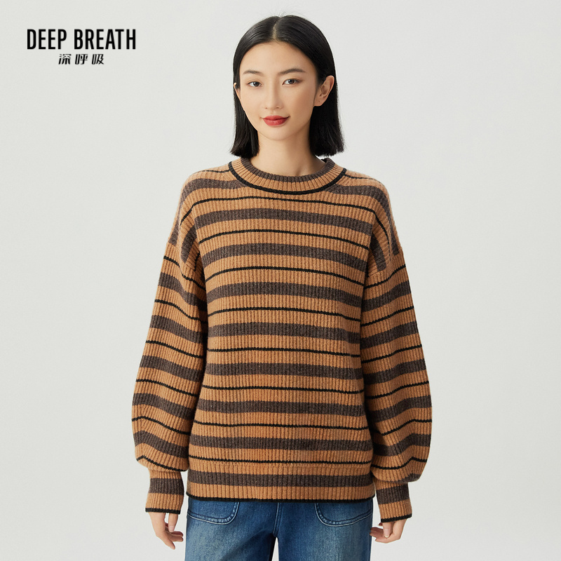 DEEP BREATH深呼吸女装  休闲简约圆领拼色条纹针织上衣A301411