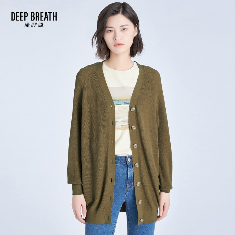 DEEP BREATH深呼吸女装 V领单排扣中长款针织开衫A400442