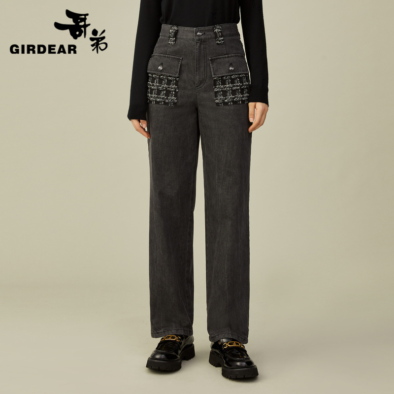 哥弟  拼贴口袋小香直筒牛仔裤1100380