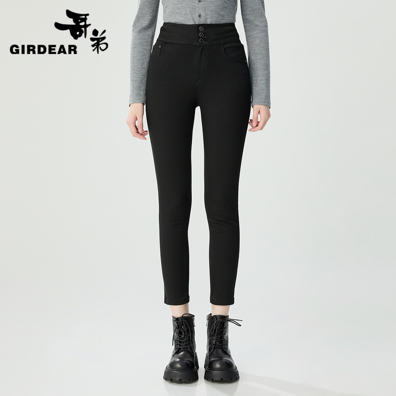 哥弟  高腰三排扣设计修身牛仔小黑裤1100520