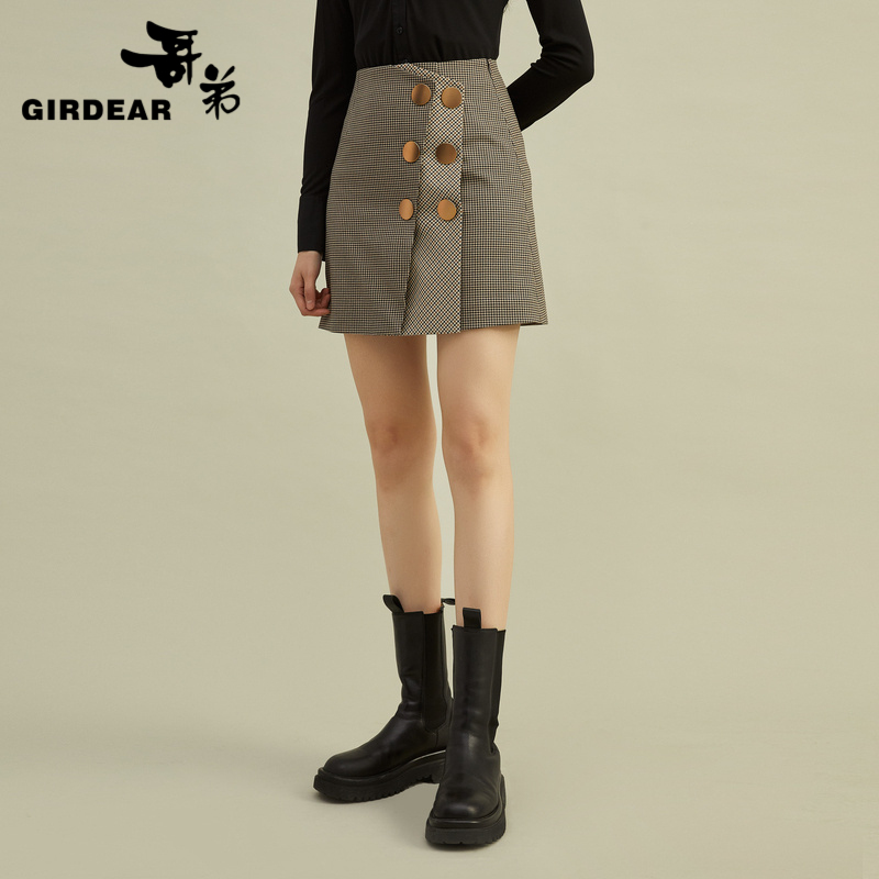 哥弟  复古格纹金属扣小A裙1200264