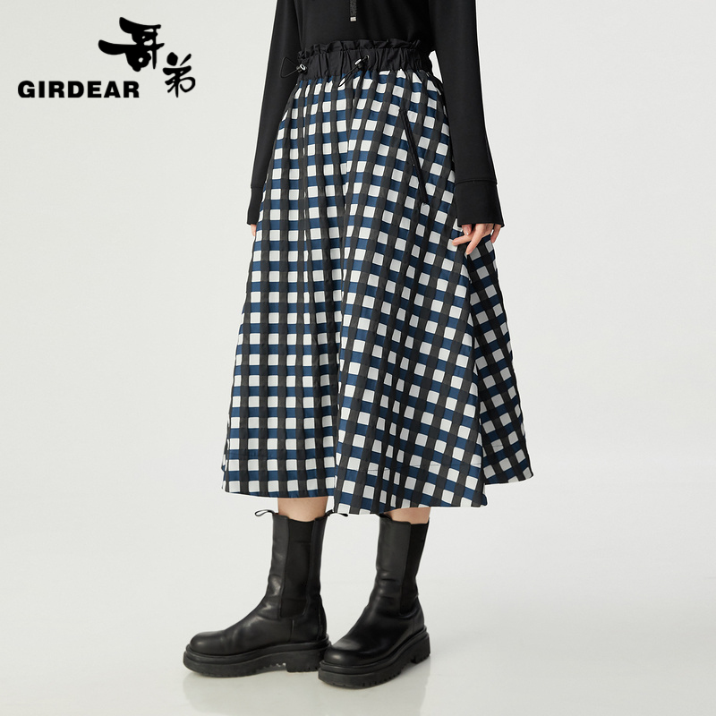 哥弟  高腰经典格纹造型大长裙1200338