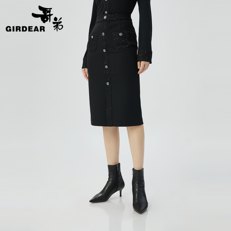 哥弟  精致小香风粗花呢拼接设计包臀半裙1200345