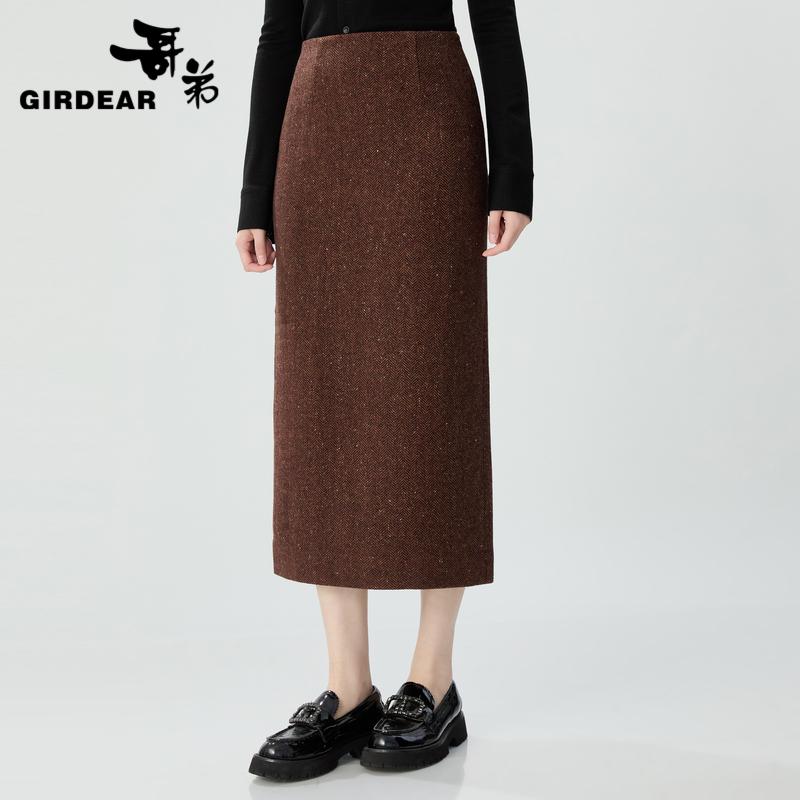 哥弟  修身显瘦直筒毛料半身裙1200373