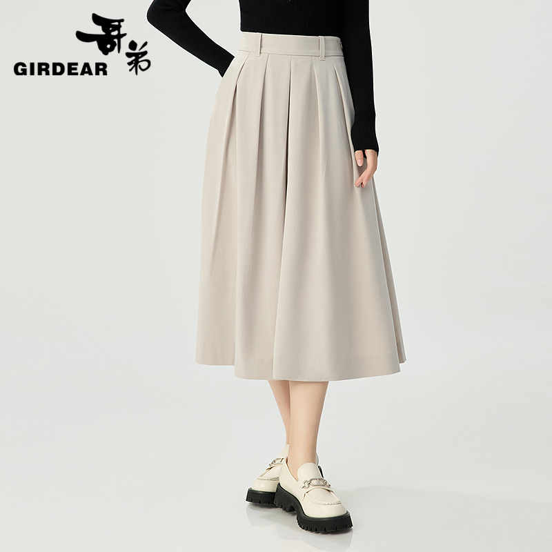 哥弟 复古廓形打褶A字伞裙1200375