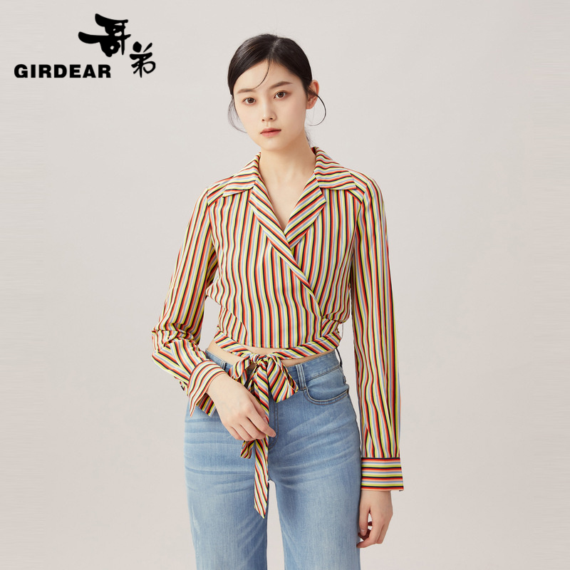 哥弟   V领条纹系带衬衫1300467