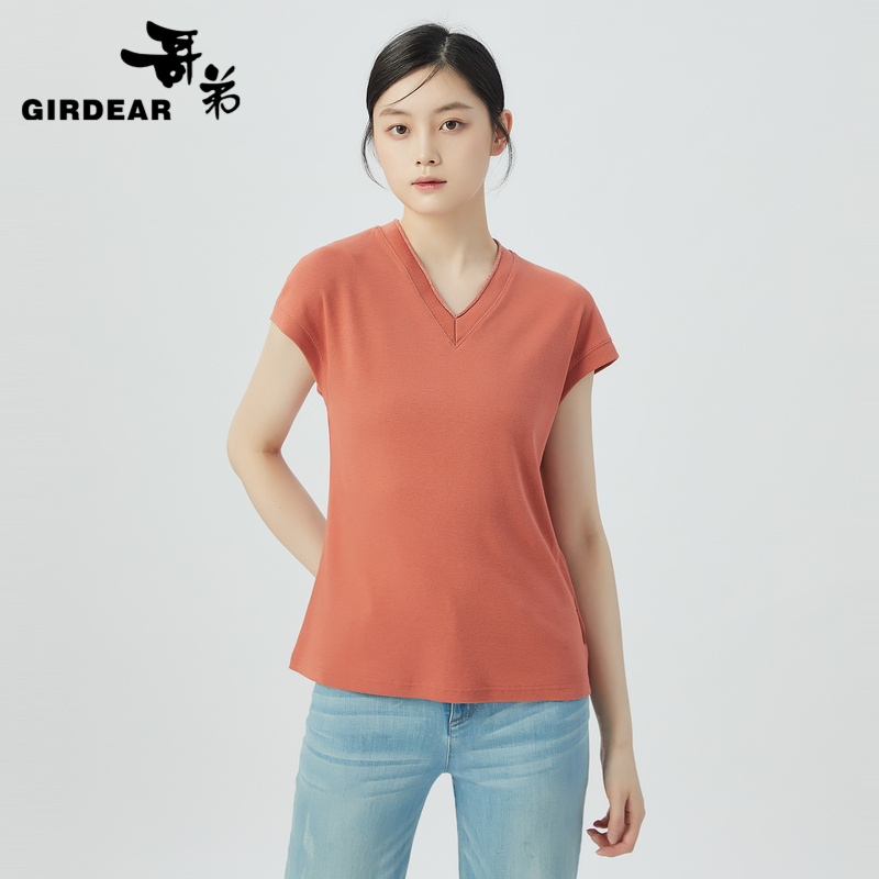 哥弟  简约百搭V领落肩短袖T恤1300832