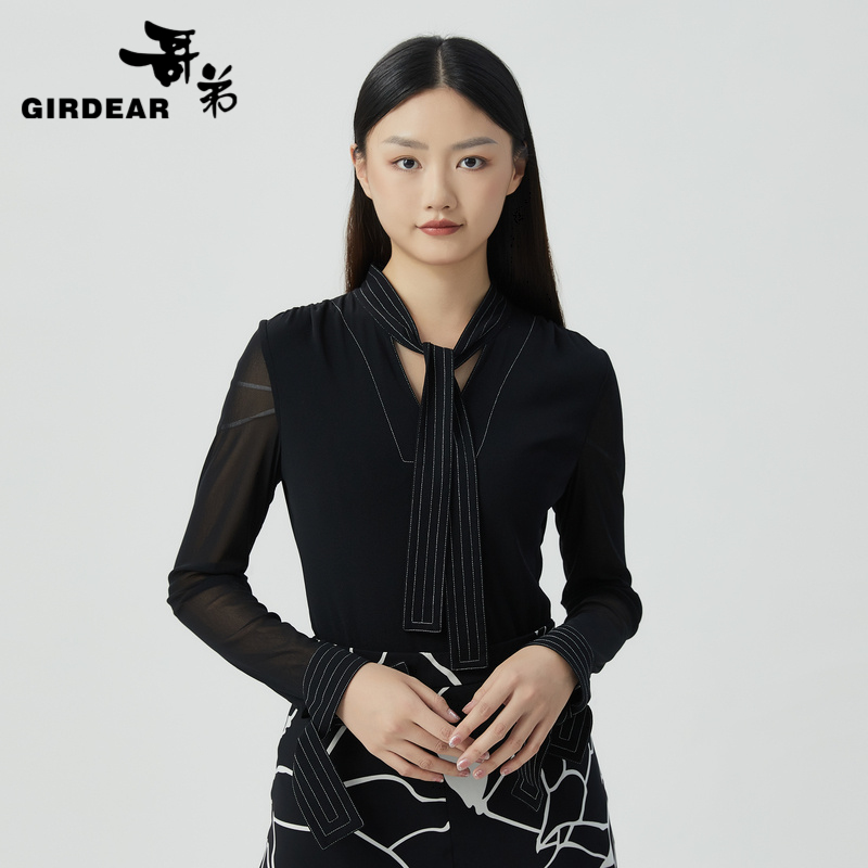 哥弟 V领系带拼接网纱衬衫1300841