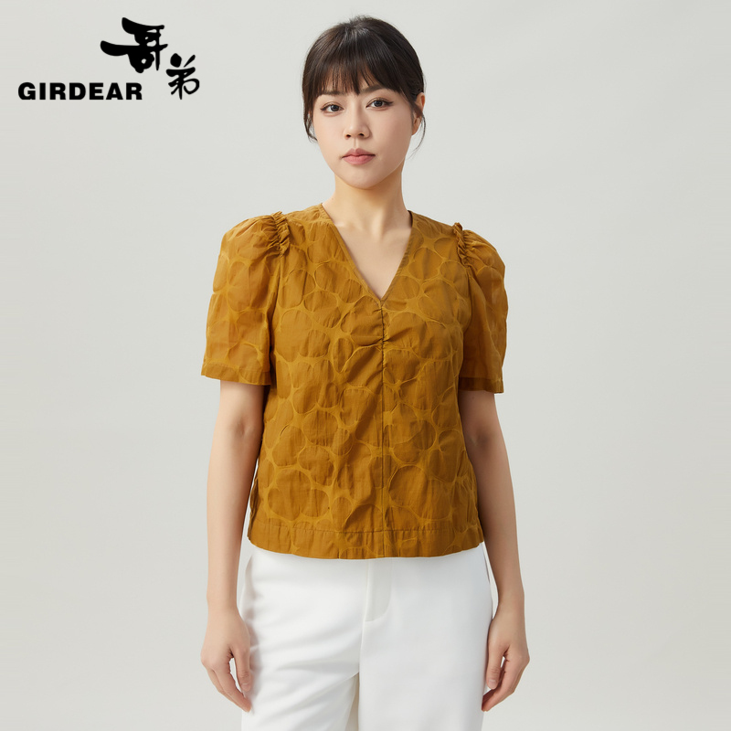 哥弟  V领减龄泡泡袖套头上衣1300878