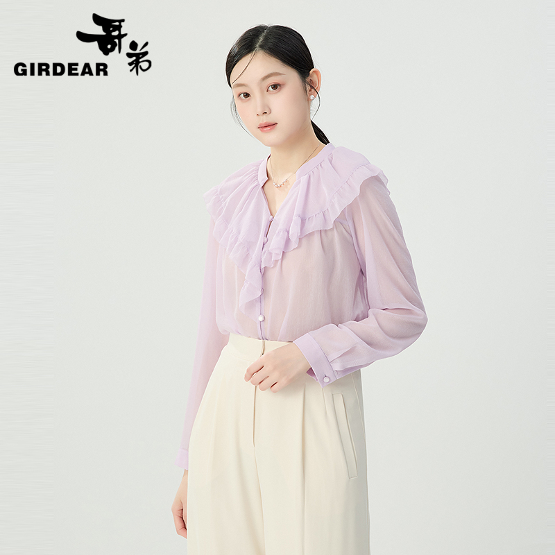 哥弟  甜美荷叶边半开V领长袖衬衫1300942