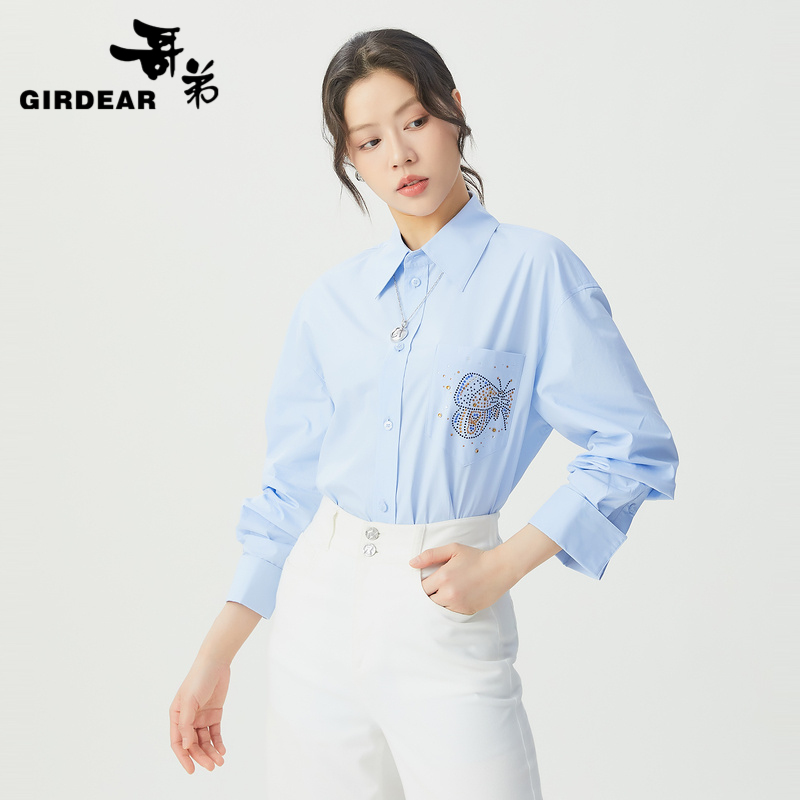 哥弟 精致口袋烫钻抽褶袖纯棉衬衣1300971