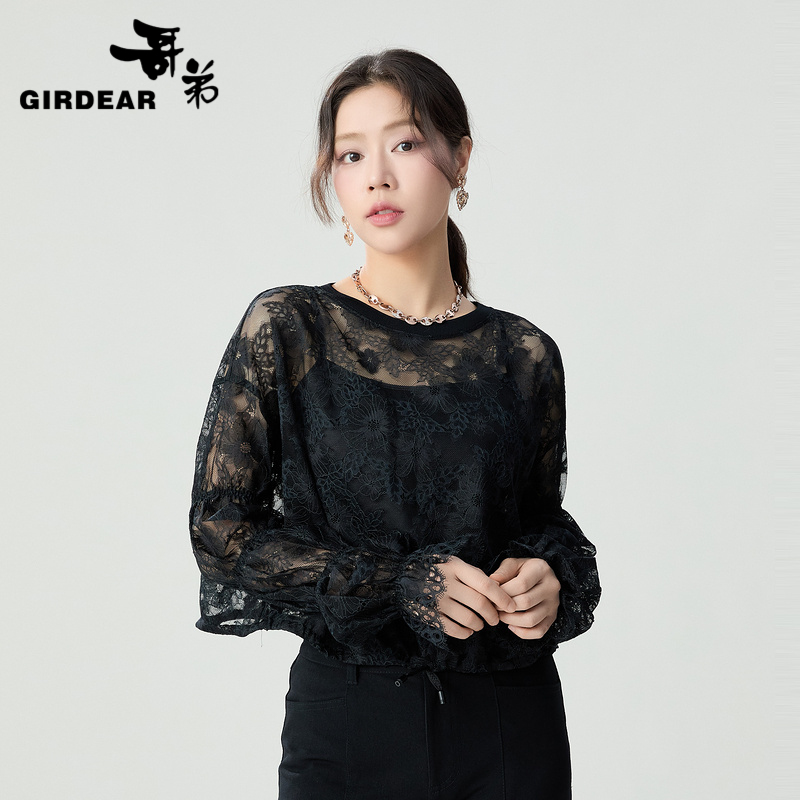 哥弟 步步高升竹节袖精致蕾丝套头上衣1300972