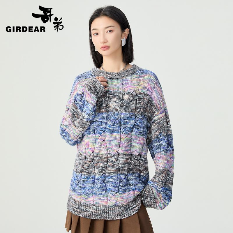 哥弟 宽松慵懒粗针拐花工艺针织套头毛衣1399362