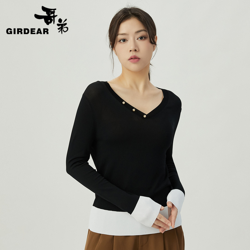 哥弟  V领撞色拼接设计感套头针织衫1399430