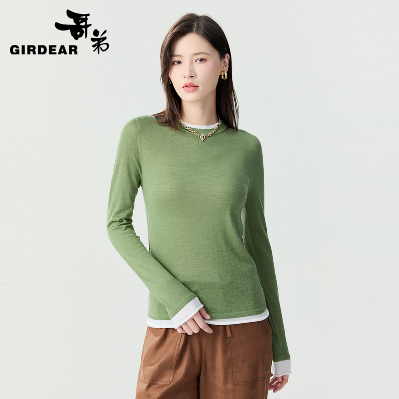 哥弟 假两件拼接长袖羊毛针织衫1399763