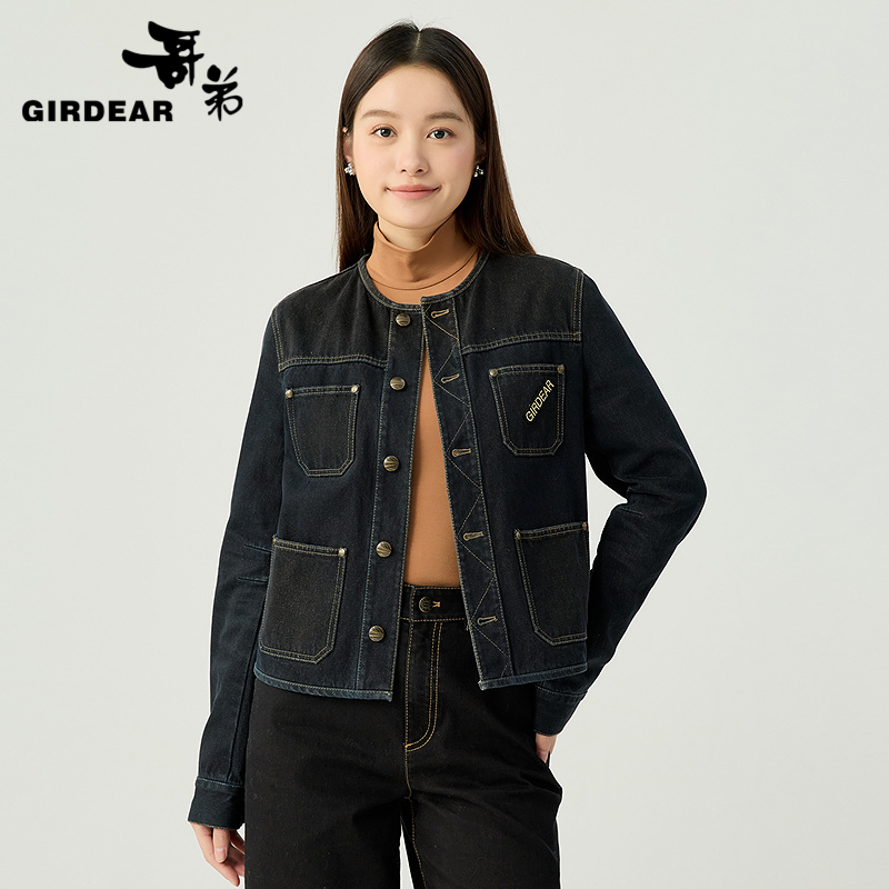 哥弟  精致圆领拼接四口袋设计牛仔外套140008