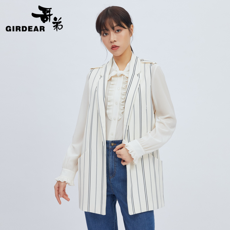 哥弟 翻领竖条纹马甲外套1400435