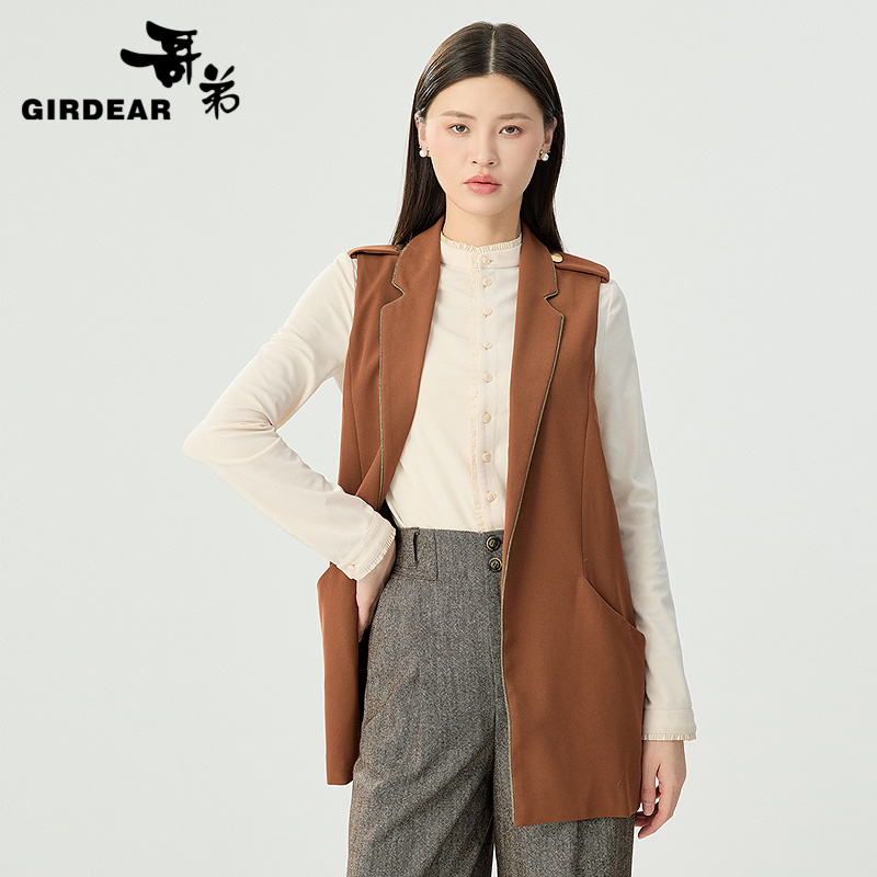 哥弟  中长款翻领无袖马甲外套1400435