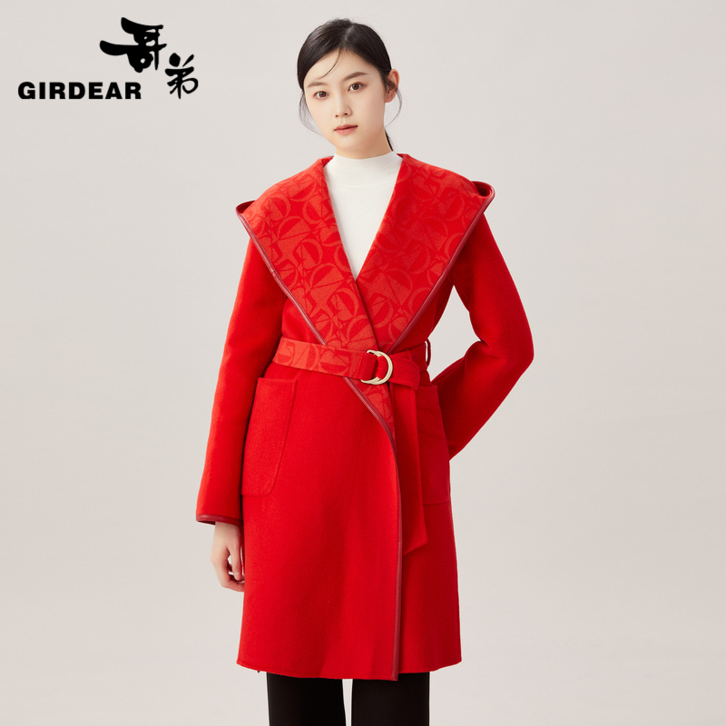 哥弟 浴袍式纯色连帽双面呢外套1400503