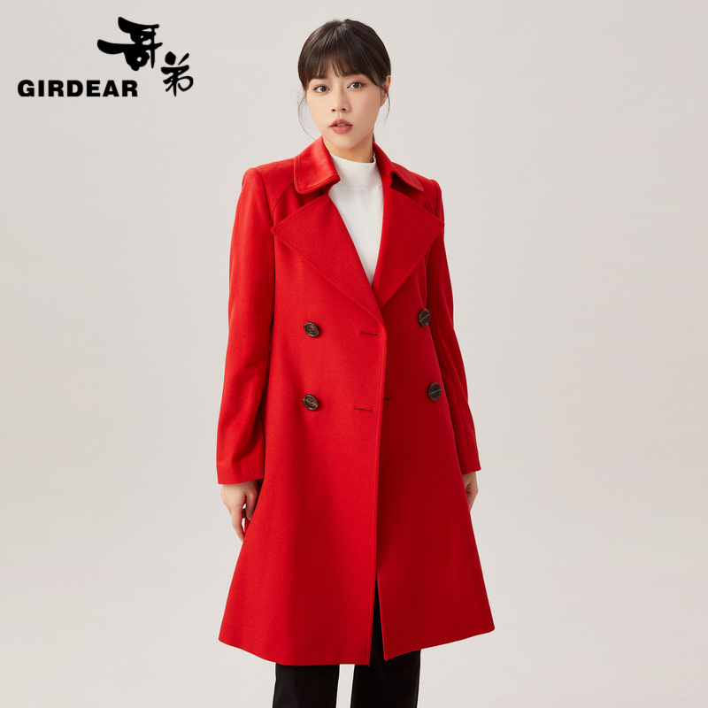 哥弟 翻领收腰双排扣羊毛大衣1400556