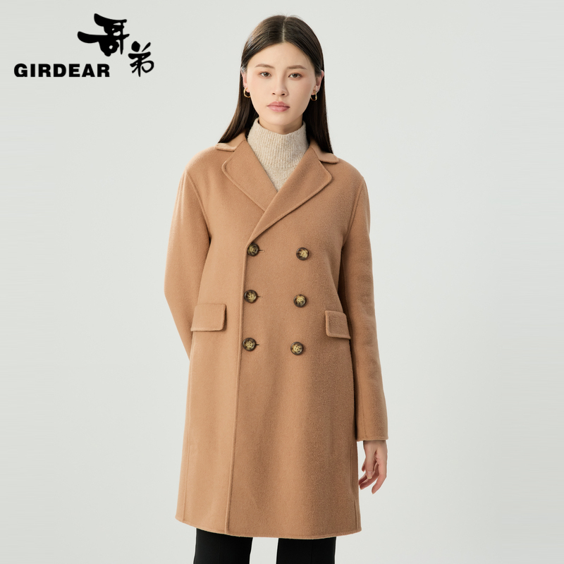 哥弟 经典双排扣H型中长款双面尼大衣1400599