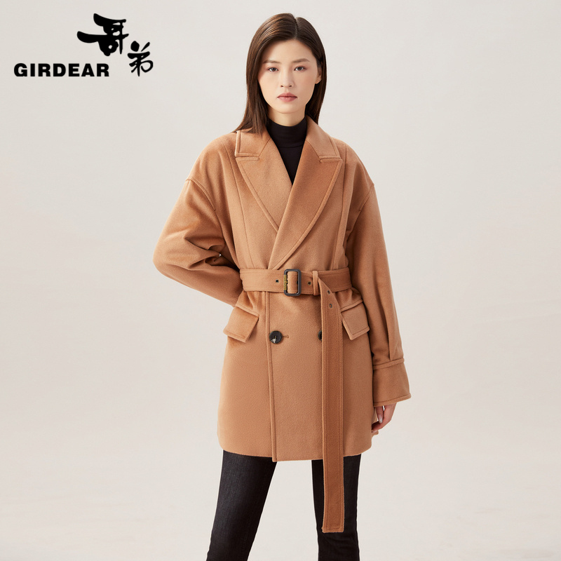 哥弟 西装领百搭羊毛中长外套1400625