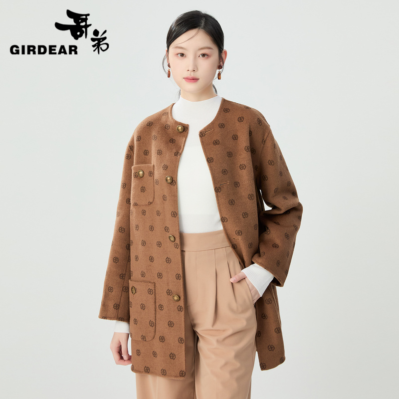 哥弟 圆领H版宽松双面尼大衣1400725