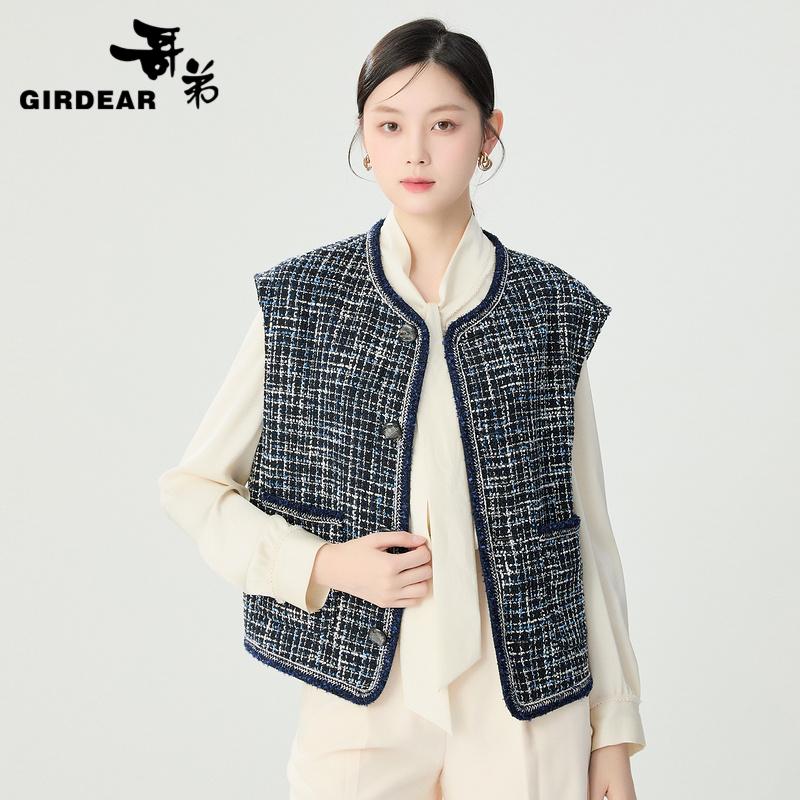 哥弟  宽肩圆领宽松毛料小香风马甲1400791