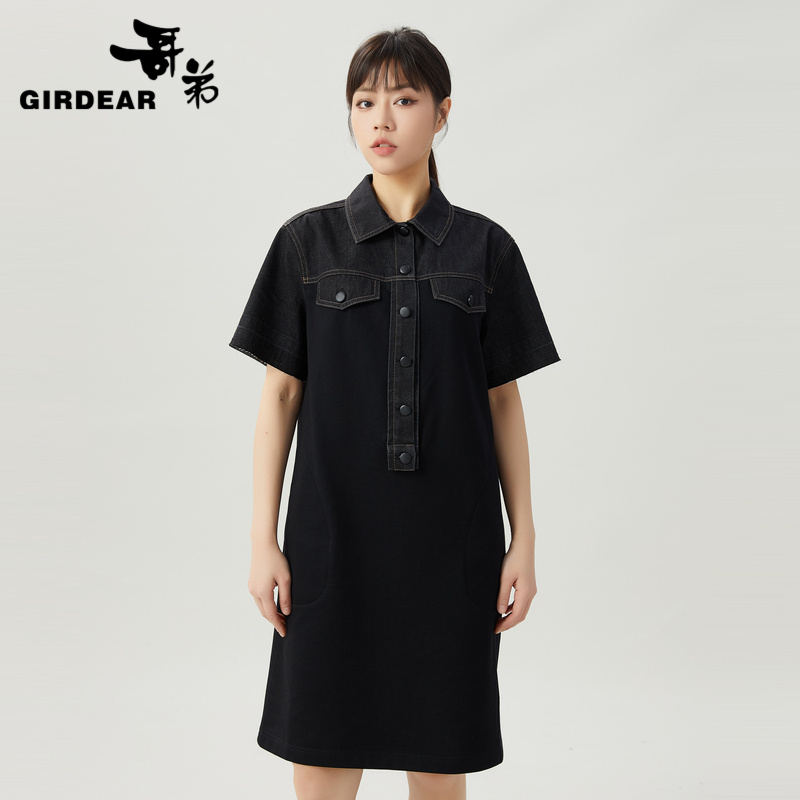 哥弟 H版宽松POLO领牛仔拼接连衣裙1500321