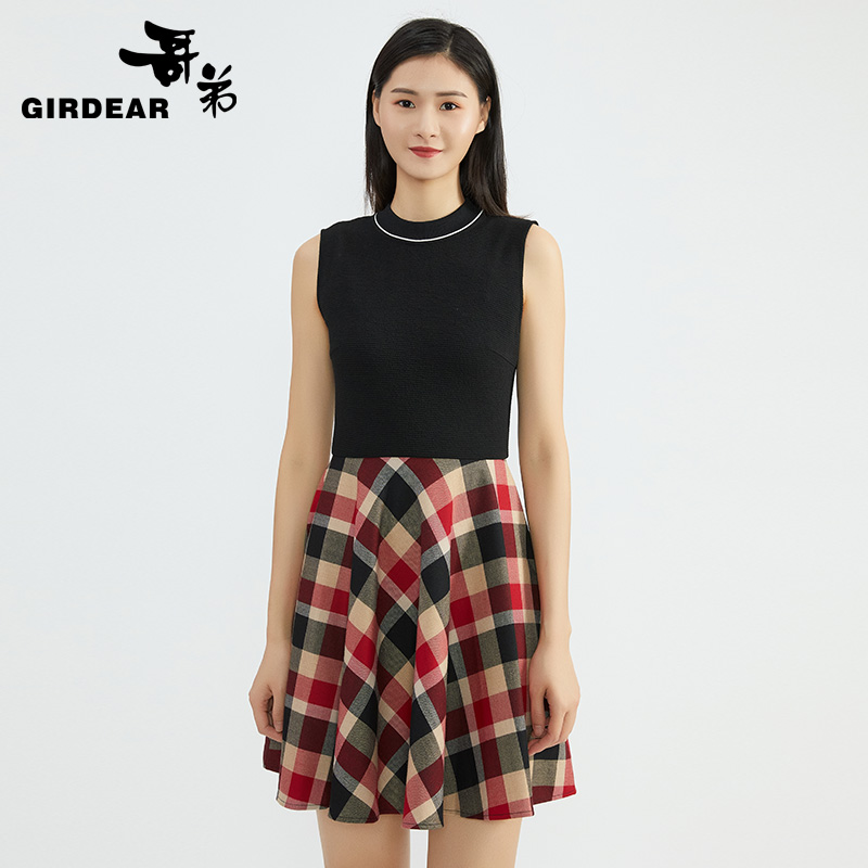 哥弟 拼接格纹无袖洋装1500329