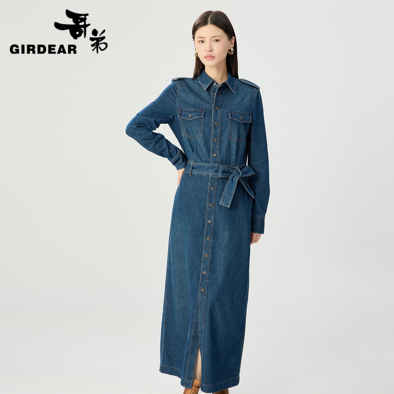 哥弟  牛仔长袖洋装收腰开衩牛仔裙1500556