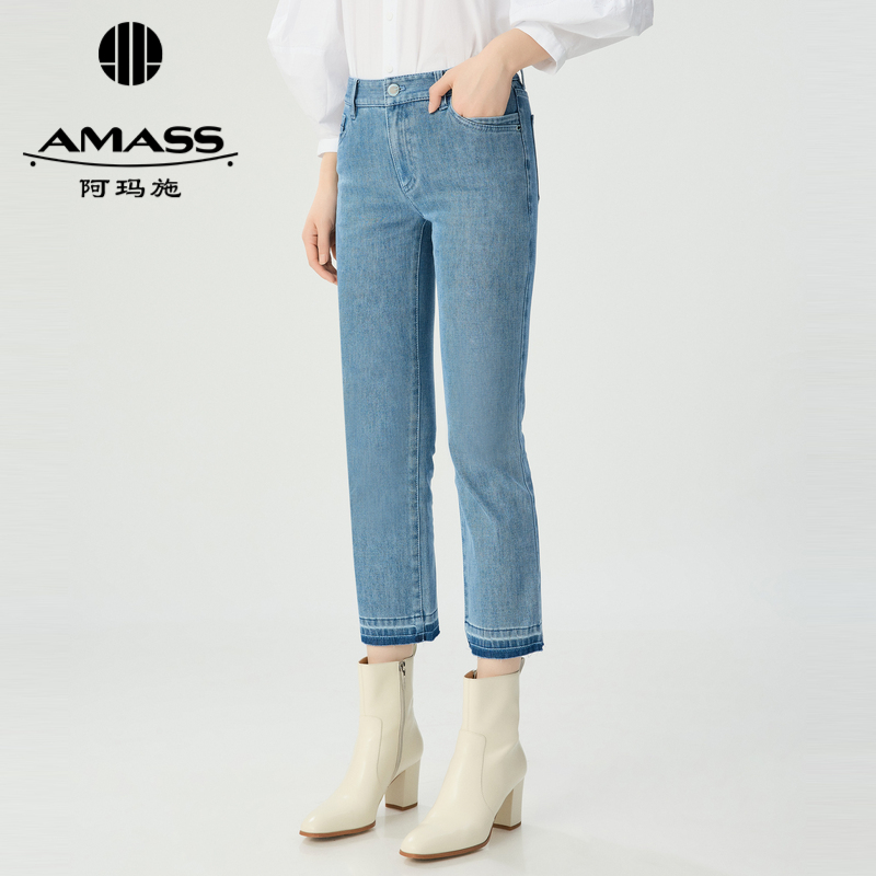 阿玛施AMASS 简约百搭中腰裤脚渐变色微喇八分牛仔裤510002