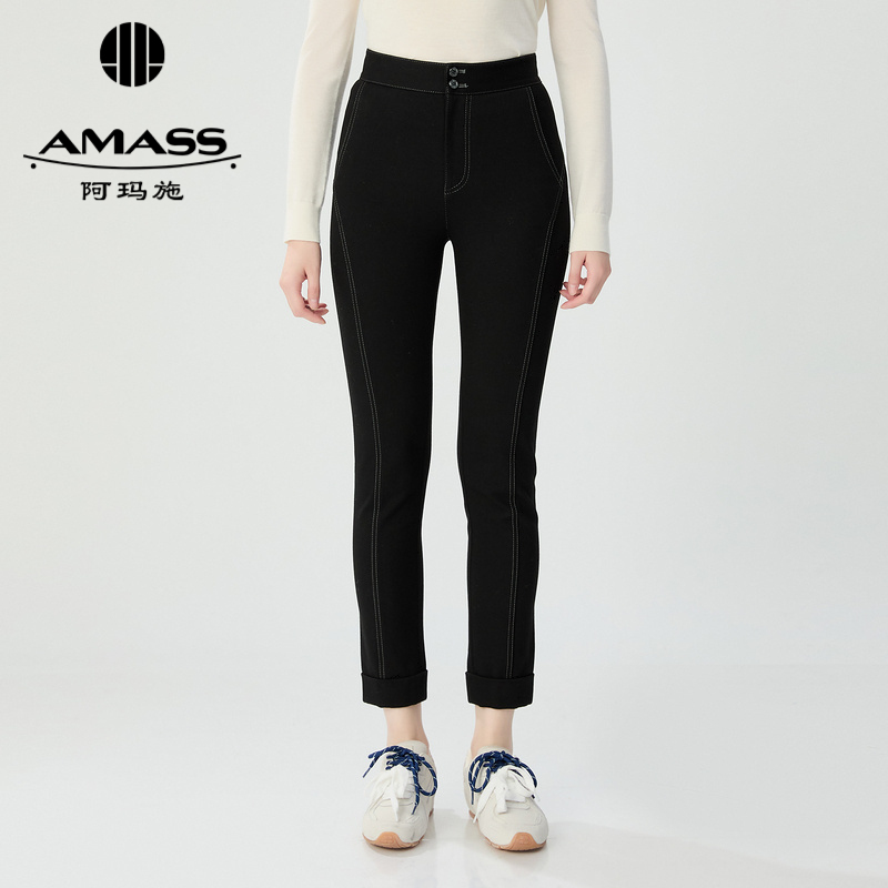 阿玛施AMASS 简约百搭明线设计感修身显瘦九分小黑裤女5100516