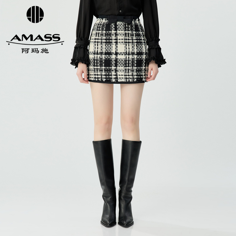 阿玛施AMASS 气质千金蝴蝶结格纹小香风短半裙5200486