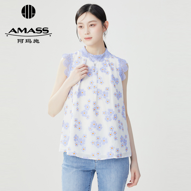 阿玛施AMASS 立体肌理感丁香紫小雏菊蕾丝边无袖上衣5300276
