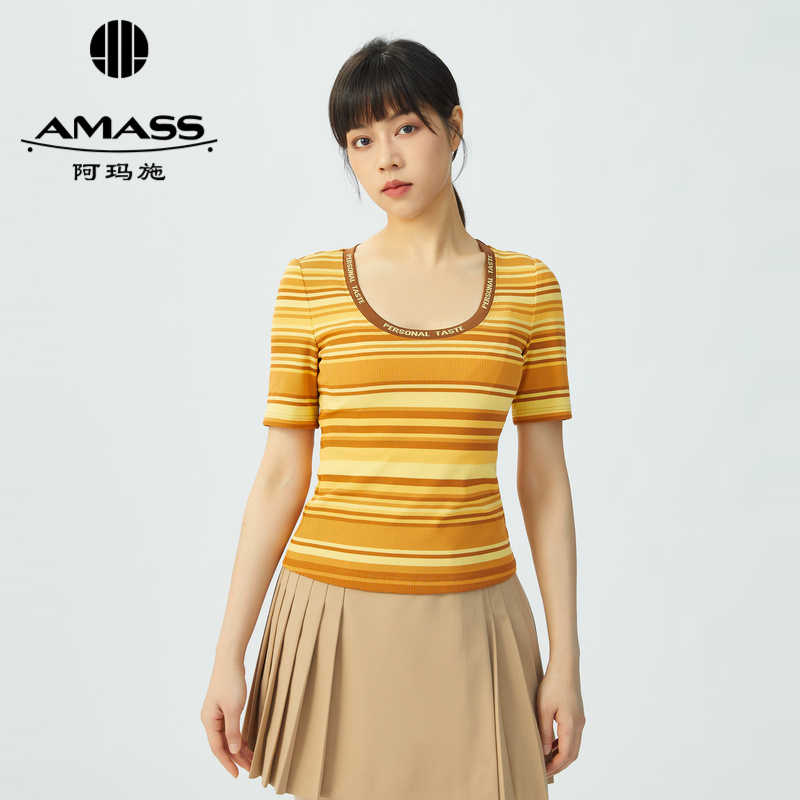 AMASS阿玛施 拼色字母U领修身T恤5300759-2