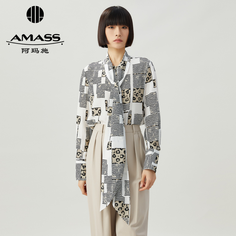 AMASS阿玛施 豹纹拼接设计宽松长袖飘带衬衫5300947