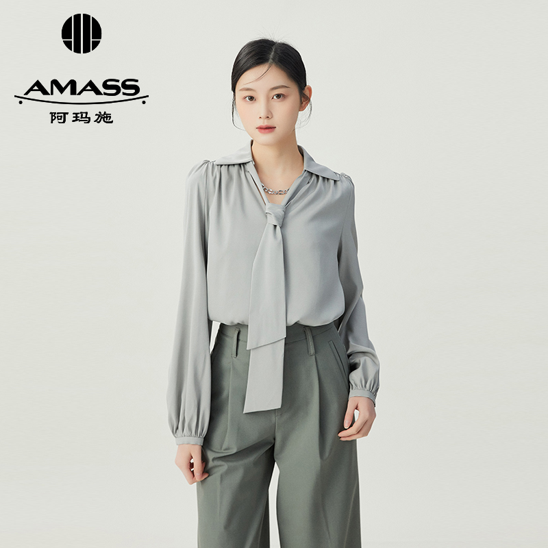 阿玛施AMASS V领链条设计飘带气质长袖衬衫5300968