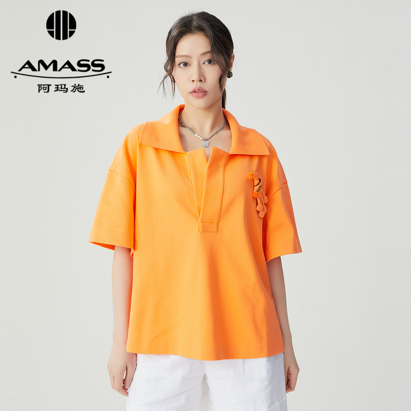 阿玛施AMASS 纯棉月亮宝宝廓形短袖POLO衫附章仔5301035
