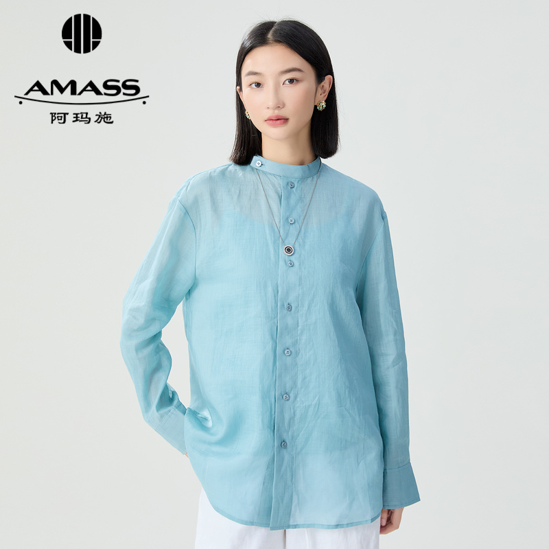 阿玛施AMASS 小立领新中式亚麻清凉感衬衫5301046