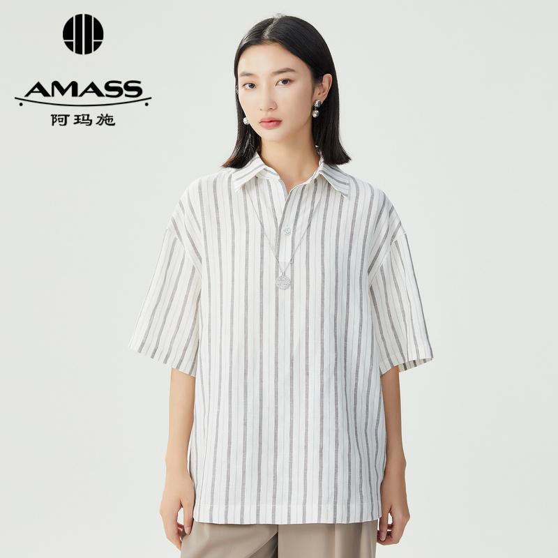 阿玛施AMASS 休闲松弛感老钱风条纹POLO领短袖衬衫5301064