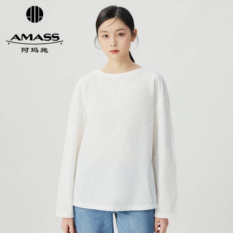 阿玛施AMASS百搭休闲圆领拉链宽松素面套头长袖纯色T恤5301090