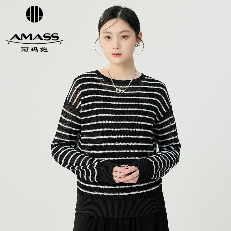 阿玛施AMASS 慵懒感舒适亚麻细闪条纹宽松针织衫538021