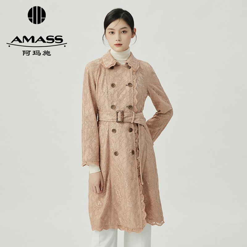阿玛施AMASS气质优雅双排扣蕾丝中长款风衣外套附腰带5400554