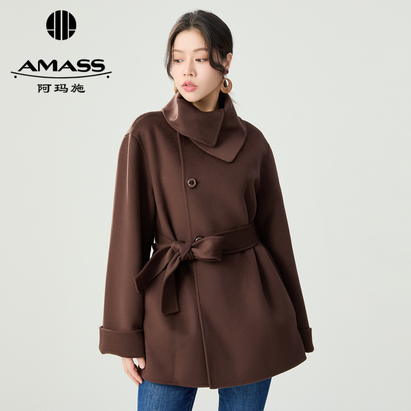 AMASS阿玛施 纯羊毛翻领长袖中长外套附腰带5400676-2