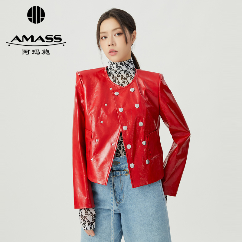 阿玛施AMASS 酷感圆领小香风漆皮夹克外套5400837