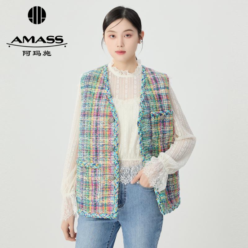 阿玛施AMASS 精致优雅重工小香风中长款花呢马甲5400910