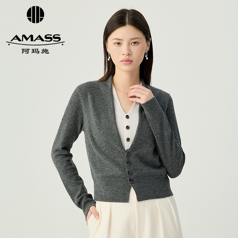 阿玛施AMASS 温柔气质百搭拼色假两件V领针织开衫548006