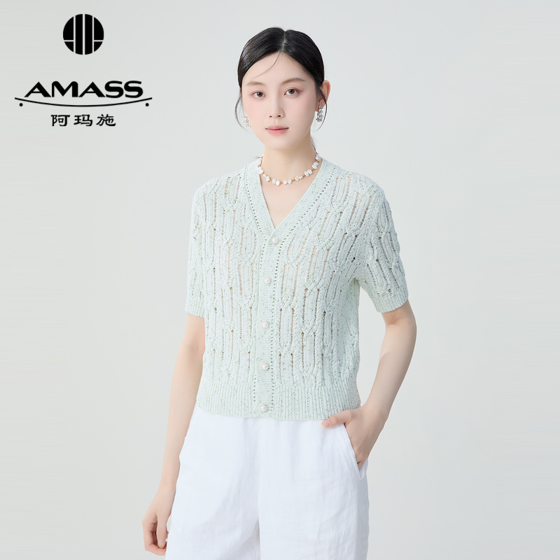阿玛施AMASS 优雅质感闪葱松弛显瘦V领短袖开衫5499254