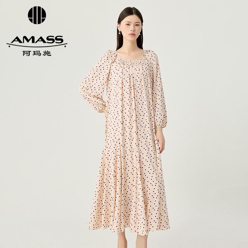 阿玛施AMASS 复古气质法式波点圆领宽松垂感连衣裙附内搭550012